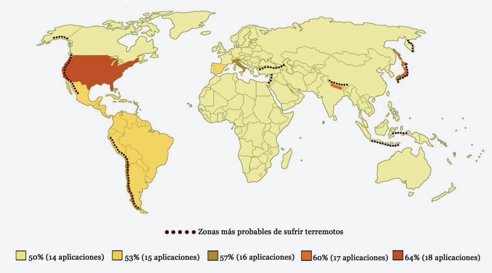 Figura 2. Mapa de la exposición a terremotos en correlación con el número de aplicaciones analizadas especializadas en terremotos disponibles.